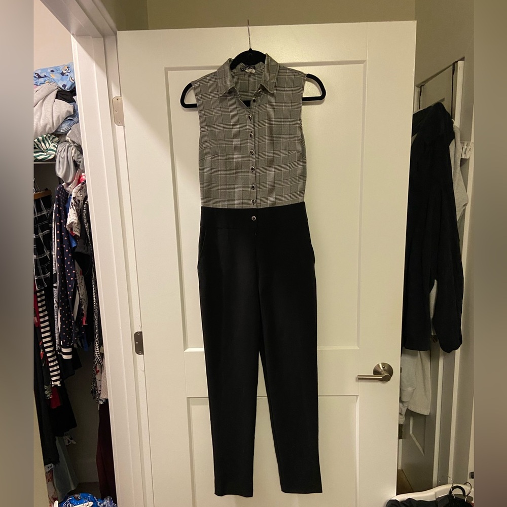 Chic Black and White Plaid Button Up Jumpsuit